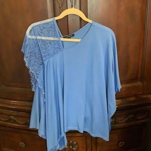 Logix blue solid lace batwing flowy asymmetrical ladies blouse size PS
